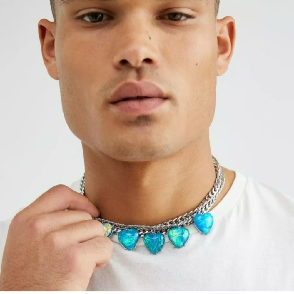 Urban Outfitters Silver Heart Necklace with Blue Accents